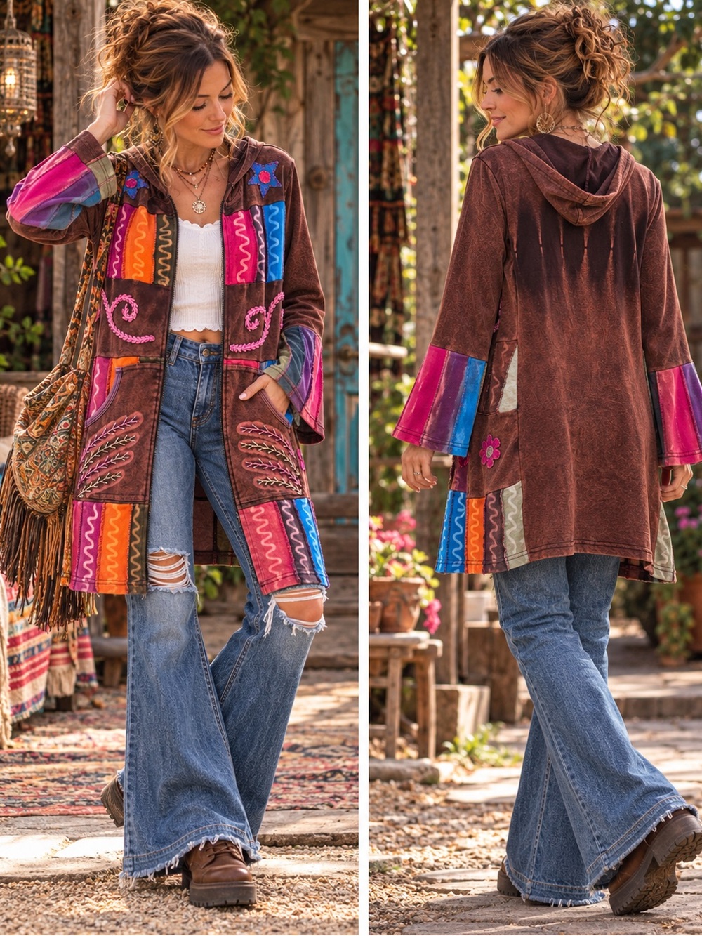 India Boutique Nepal Patchwork Hoodie Tunic Y2K Boho Fairy Grunge M